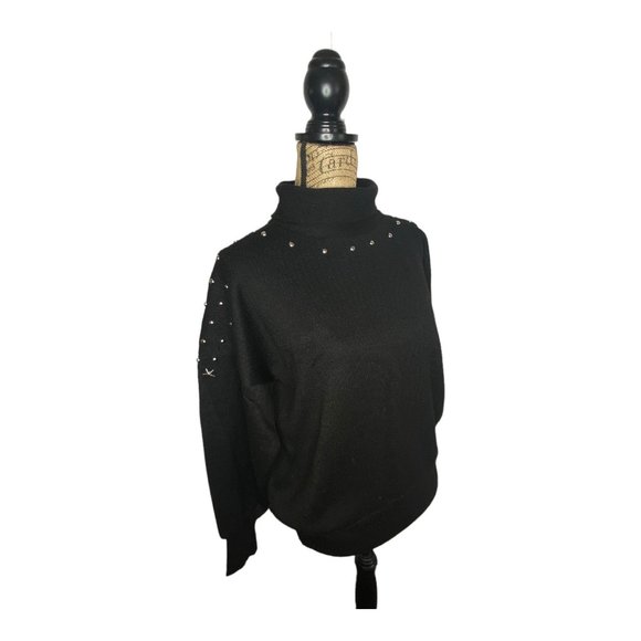 Vintage 80's Meister Large Black Wool Blend Silver Star Studded Sweater Turtlnec - Picture 10 of 12